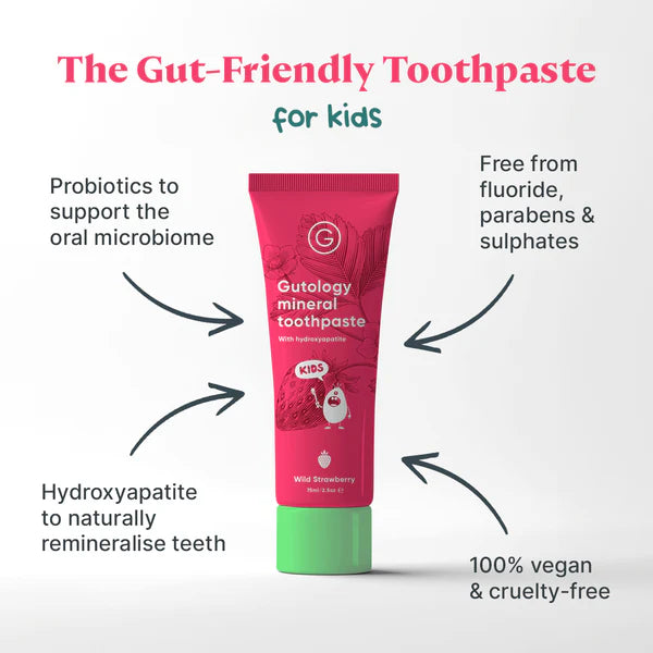 Gutology toothpaste for optimal gut health and oral hygiene, promoting a balanced microbiome.
