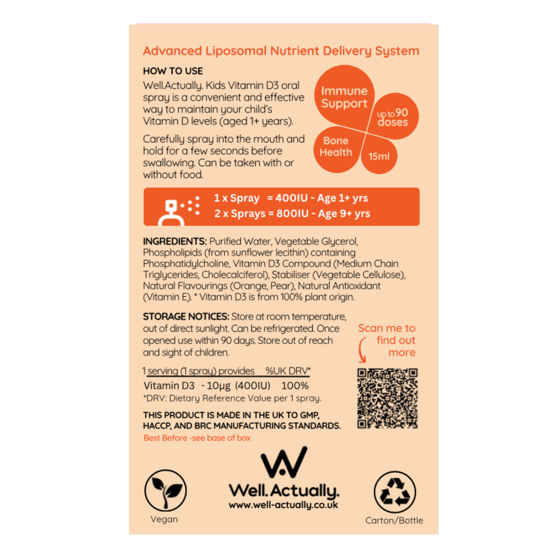 Well.Actually. Liposomal Kids Vitamin D3 Spray – Orange Burst 400–800 IU
