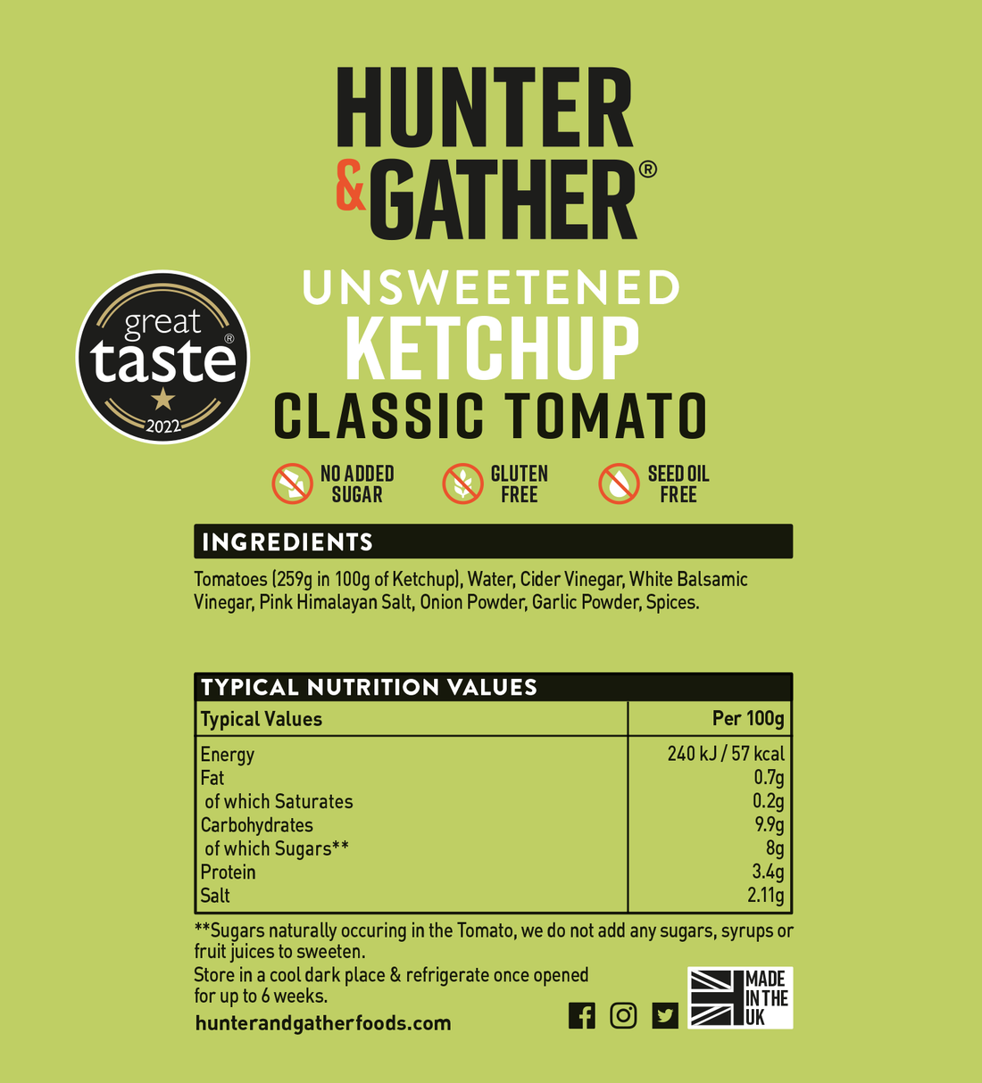 Hunter & Gather Unsweetened Classic Tomato Ketchup – 350g