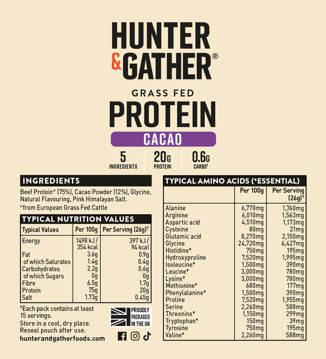 Hunter & Gather Cacao Grass-Fed Beef Protein Powder – 400g