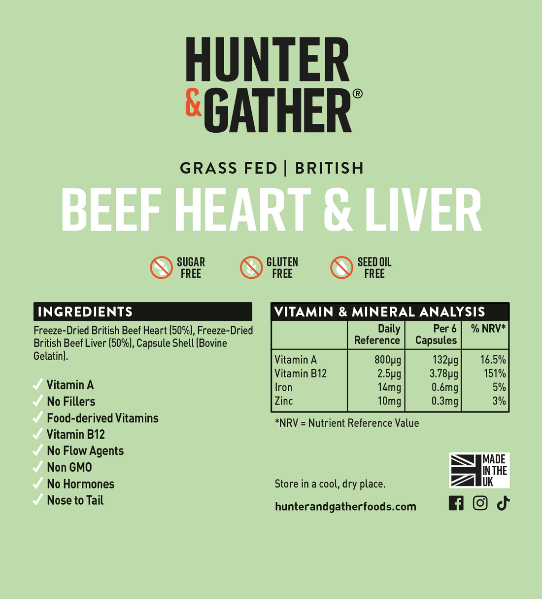 Hunter& Gather Grass-Fed British Beef Heart & Liver – 180 Capsules