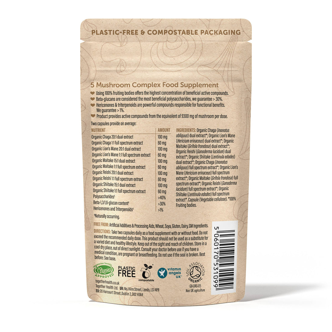 Together Health Mushroom 5 Blend – 9300 mg High Strength Organic Mushroom Complex (60 Capsules)